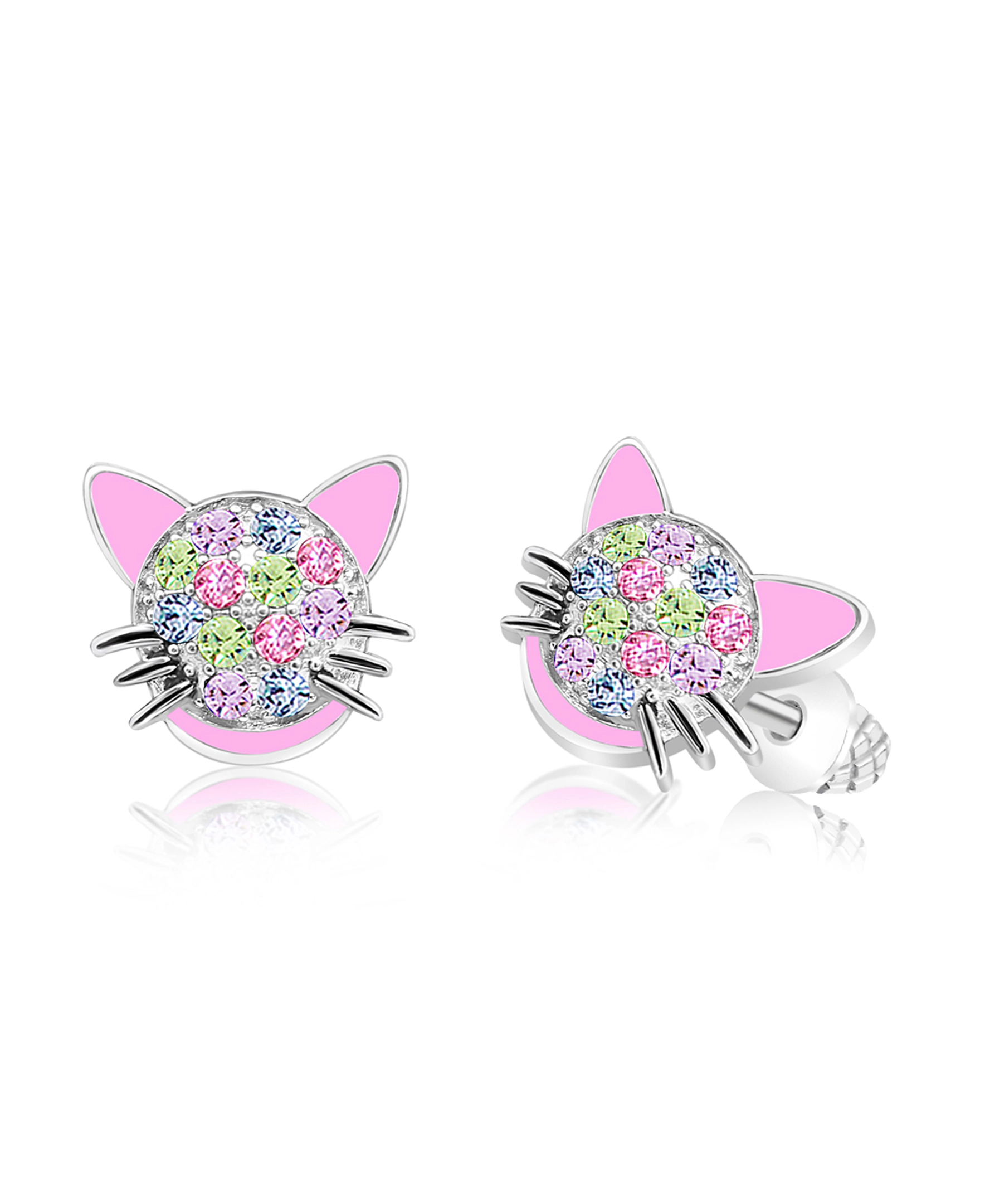 CHANTEUR Girls Cat Stud Earrings, Pink Crystal, White Gold Palladium Plating, Screw Back