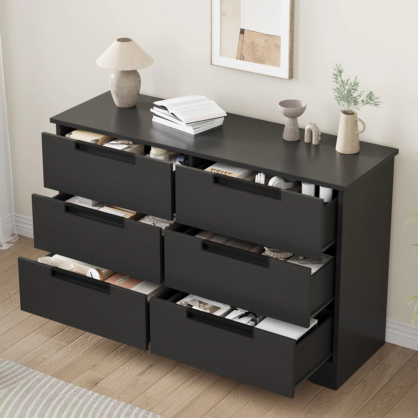 Modern Black 6 Drawer Dresser with Embedded Handles, Wooden Storage Organizer for Bedroom