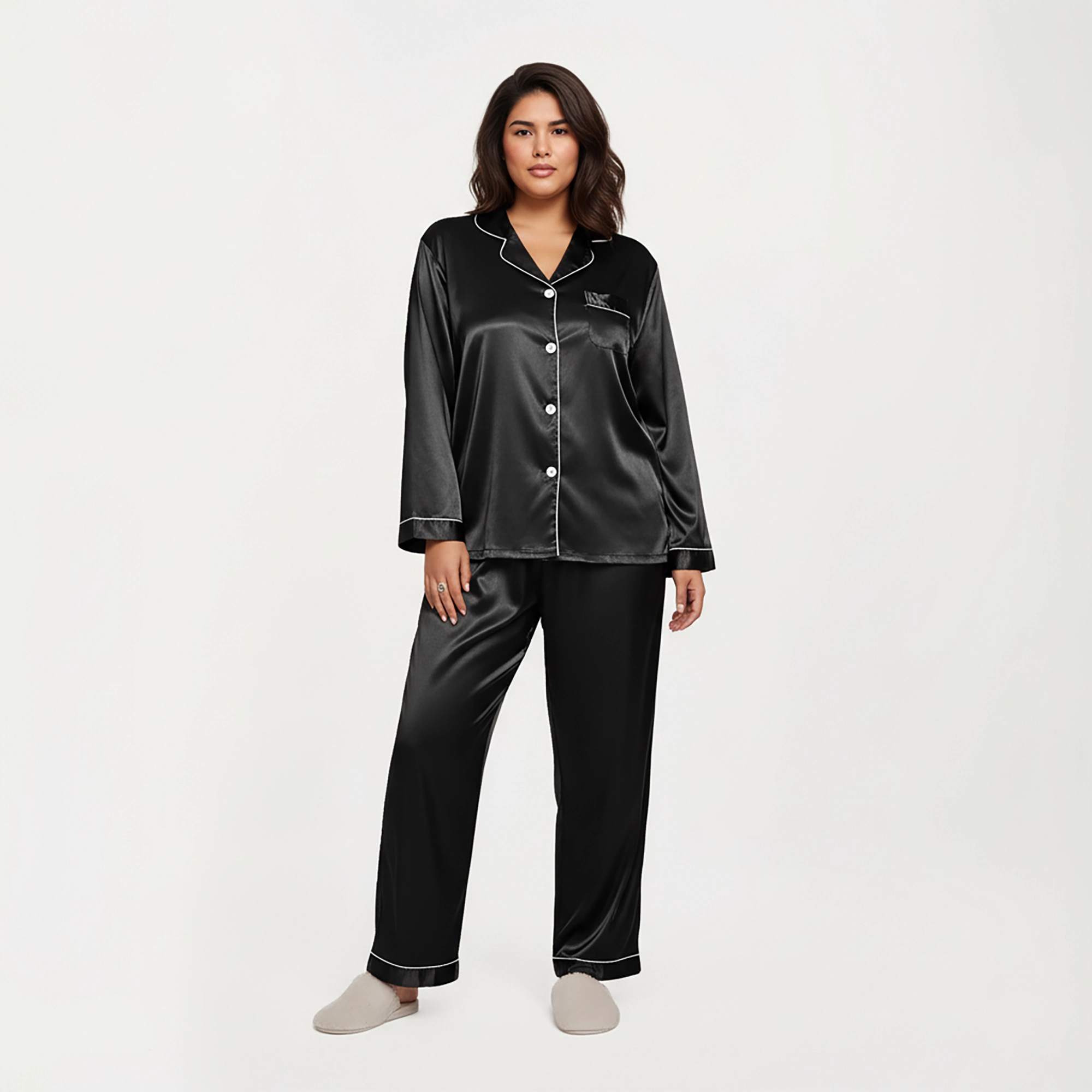 Anna-Kaci Women's Plus 2-Piece Satin Button Up Pajama Top and Relaxed Fit Pants with Contrast Piping Trim