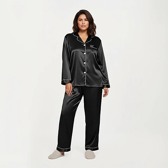 Anna-Kaci Women's Plus Size 2-Piece Satin Button Up Pajama Top and Relaxed Fit Pants with Contrast Piping Trim