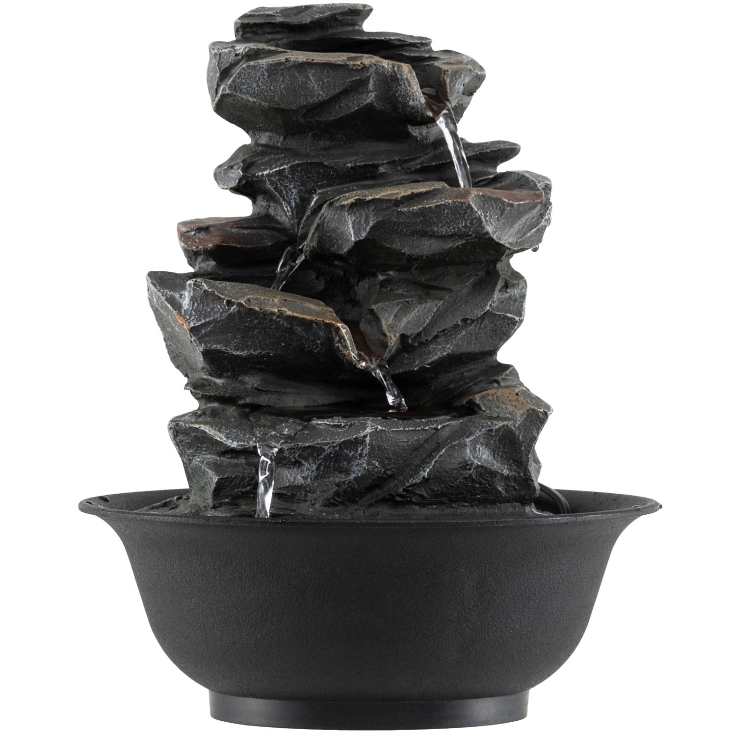SlickBlue Black Indoor Water Fountain, Resin Cascade Design, LED Light, Quiet Pump, Compact Decor