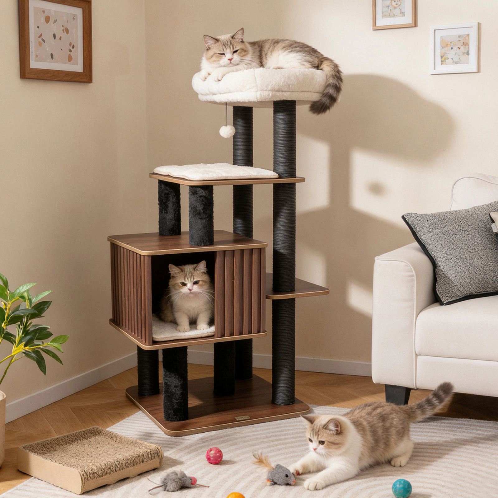SUGIFT 53.5-in Brown Wooden Cat Tree Tower with 19-in Square Condo 21.5-in Top Perch and Soft Padding