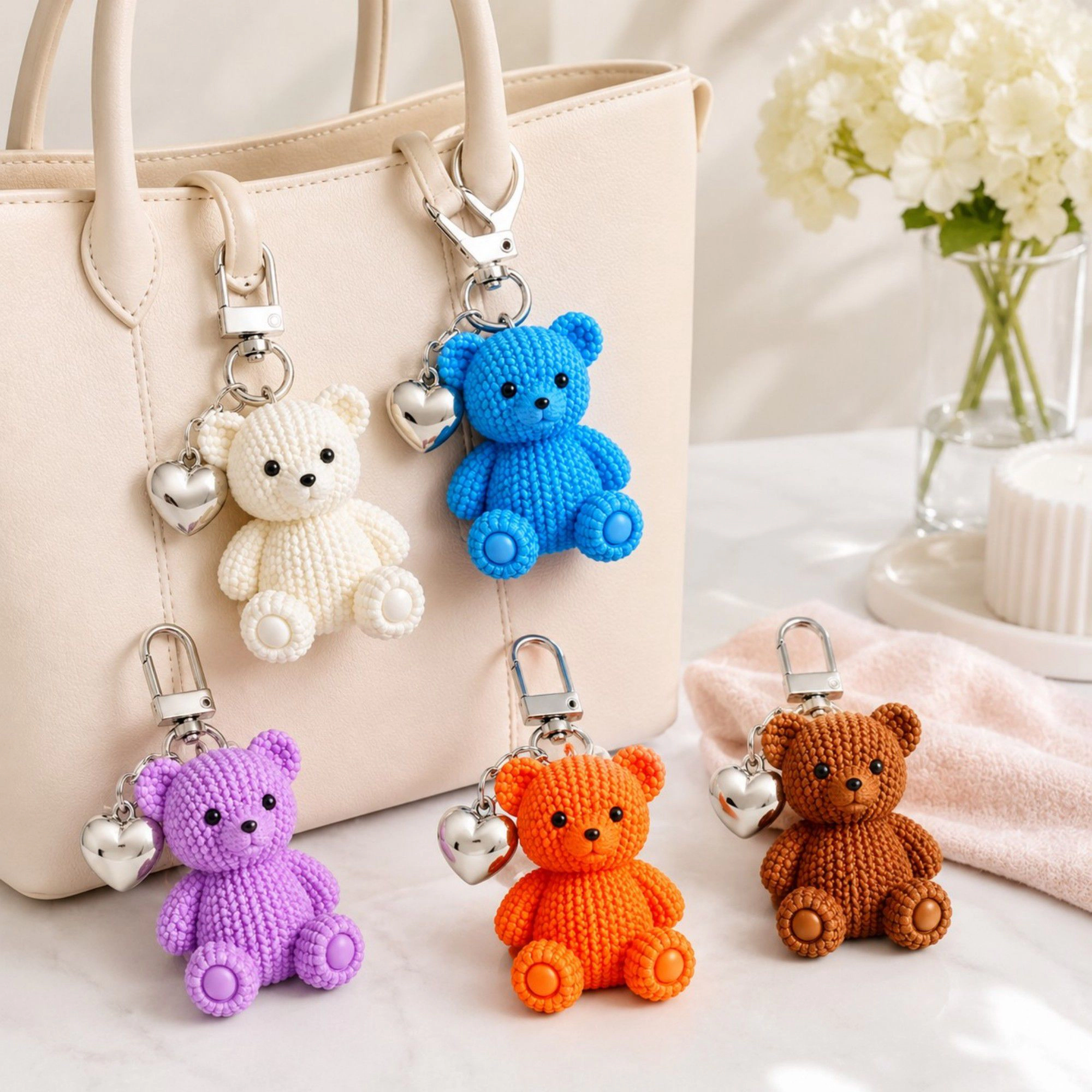 Alilang Women's 5pc Teddy Bear Keychain Bag Charms with Heart Pendant Clip for Bags Backpacks and Keys