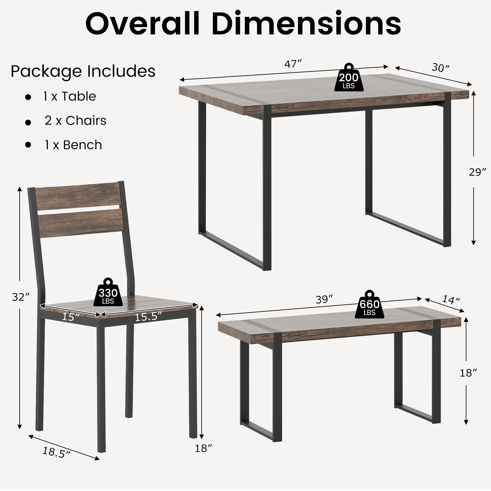 LJG 4-Piece Dining Table Set for 4 with 1 Bench and 2 Chairs