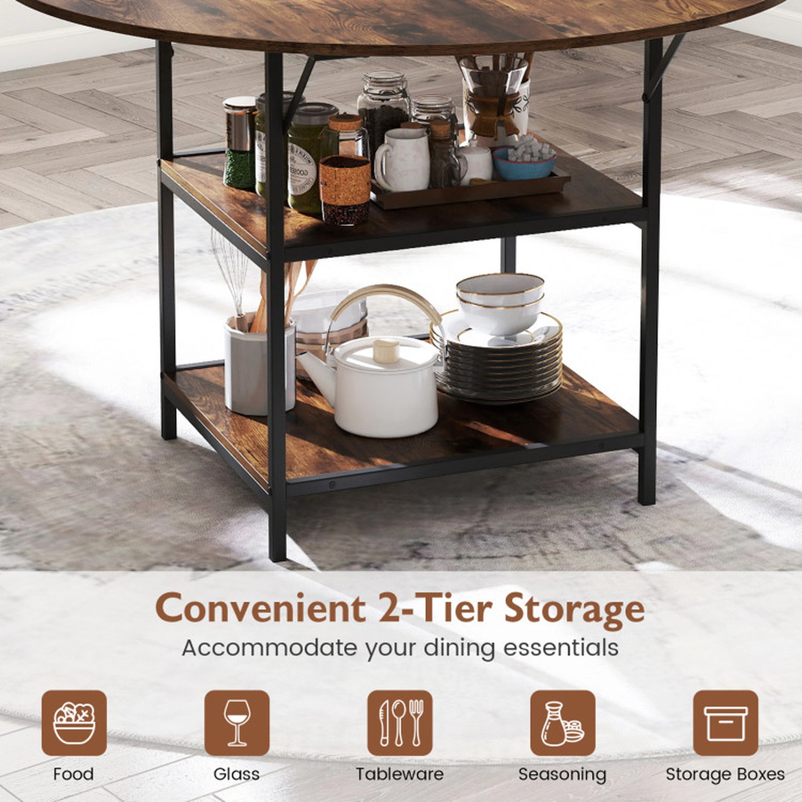 SUGIFT 47-in Round Breakfast Nook Dining Table with 2-Tier Storage Shelves, Seats 4 to 6