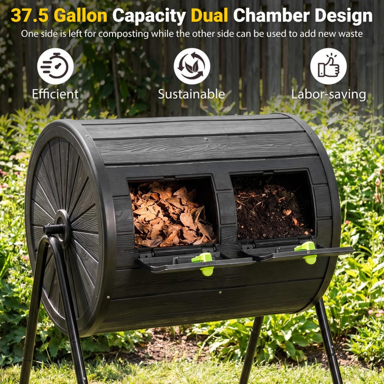 SUGIFT 37.5-gal Black Dual Chamber Outdoor Composter Tumbler with 2 Lockable Doors and Wood Grain
