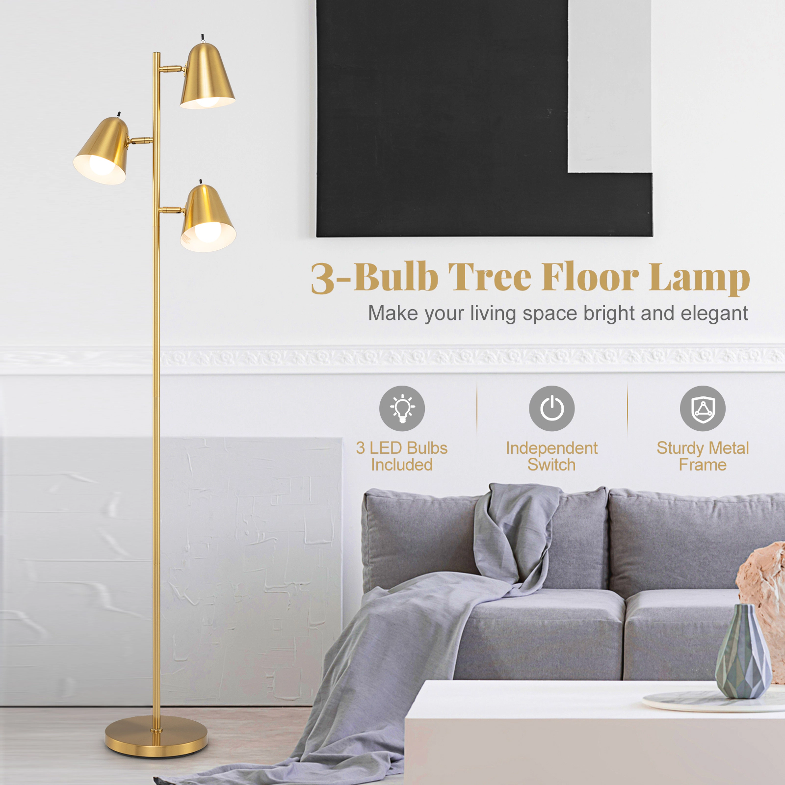 Slickblue Gold 3-Light Floor Lamp 64in Adjustable Reading Lamp with Individual Switches