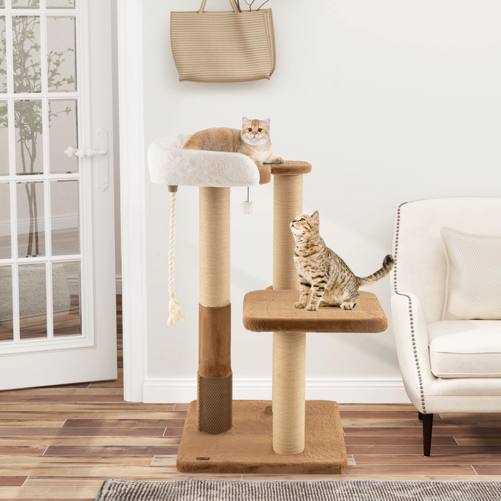 SUGIFT Caramel 44-in 33-lb Per Layer Cat Tree with 4.5-in Thick Posts Plush Perch and Dangling Ball