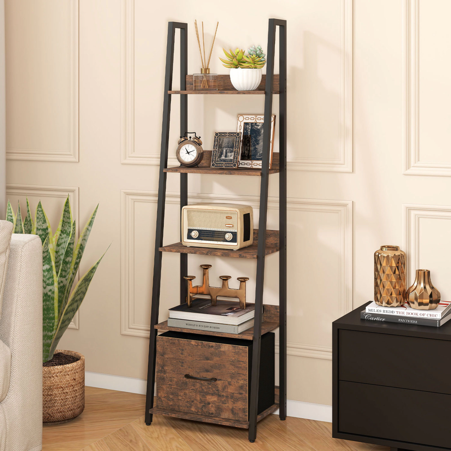 SUGIFT 5-Tier 56-in Tall Narrow Ladder Shelf Bookshelf with Fabric Drawer and 2.5-in Anti-Falling Baffles