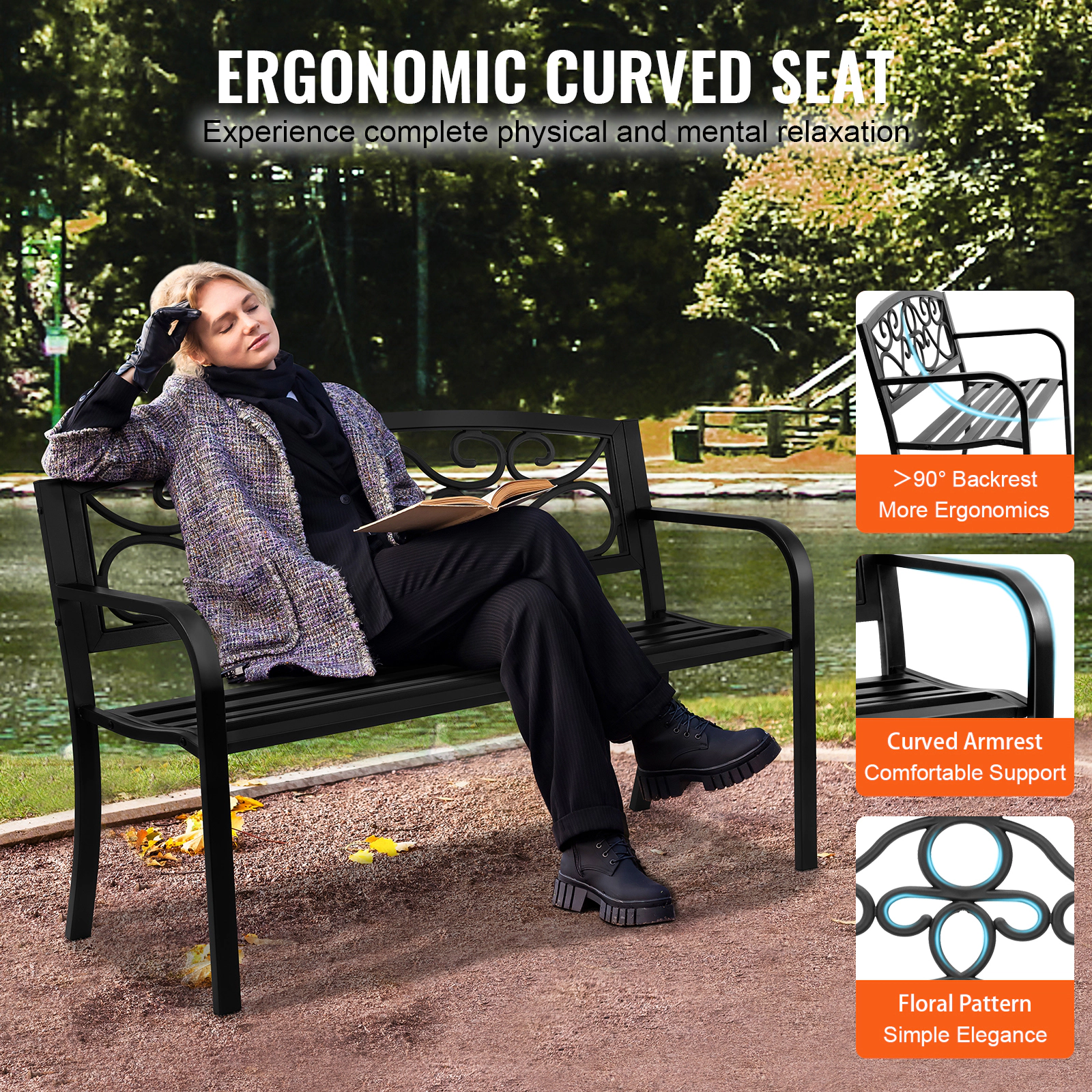 HONGGE Outdoor Bench Wood Garden Bench for Outdoors Outdoor Garden Park Bench with Backrest and Armrests Capacity Bench