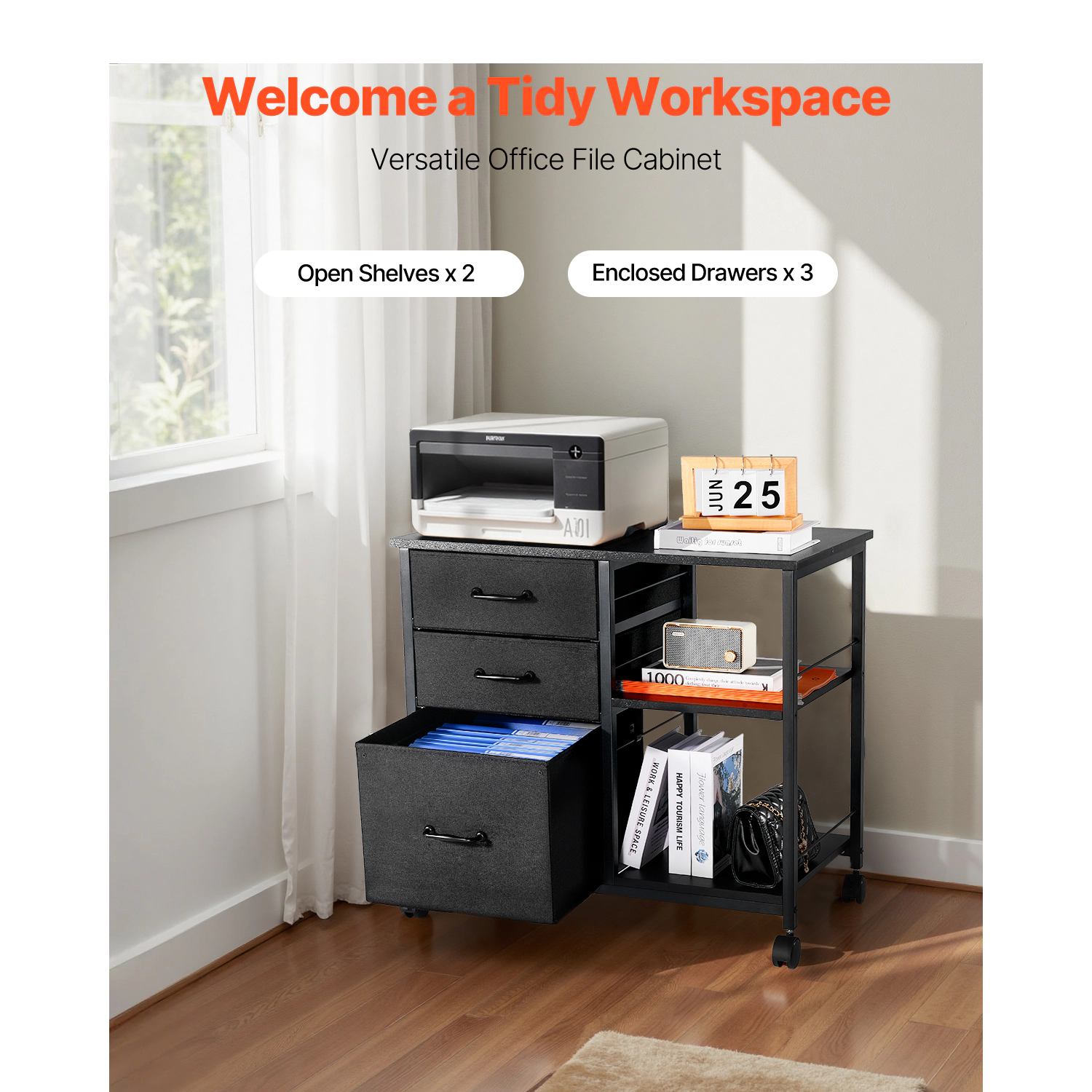 HONGGE Metal File Cabinet Mobile Filing Cabinet with 3 Fabric Drawers and 2 Open Shelves Wooden Vertical Filing Storage