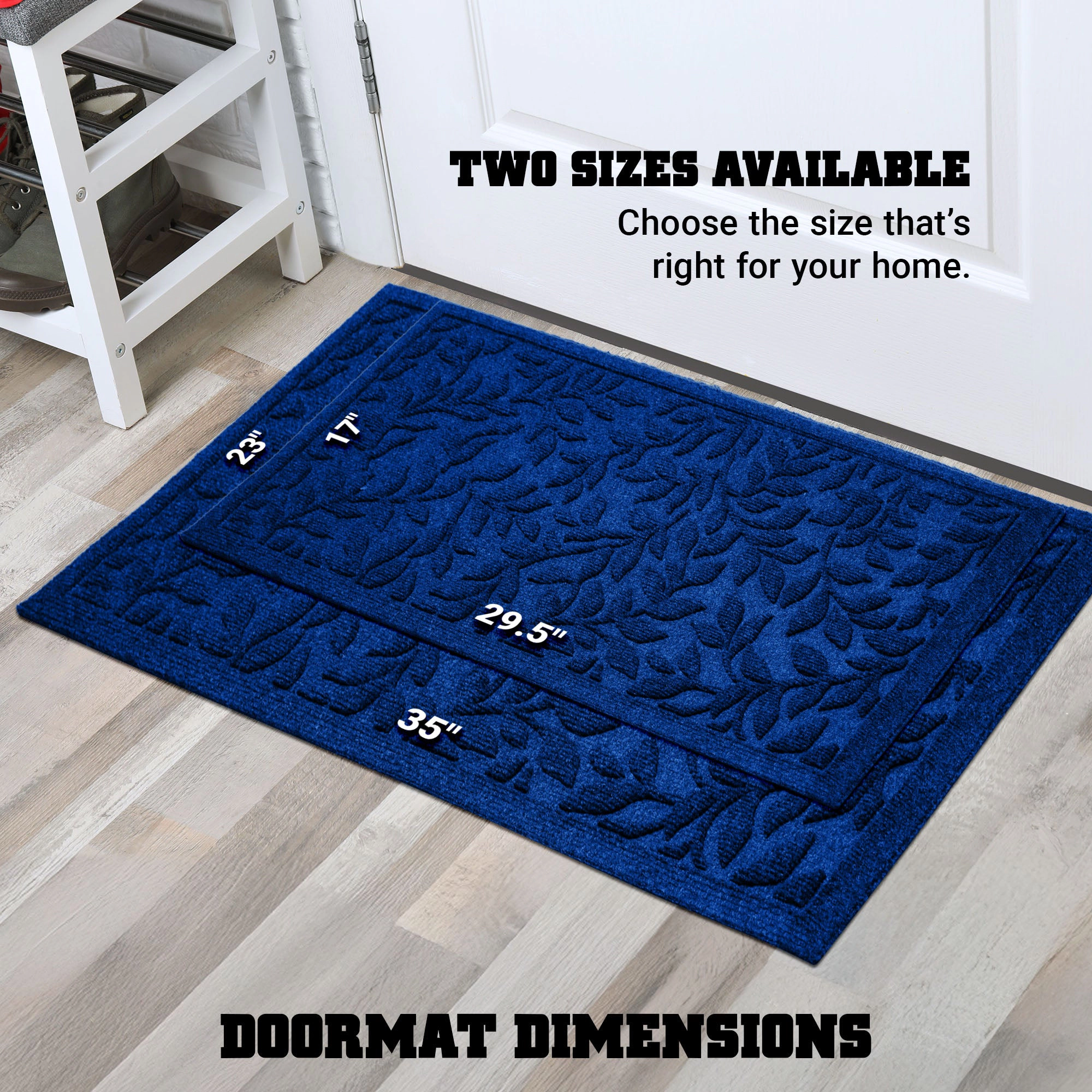 G128 Blue Leaves Doormat 23 x 35 in - Polypropylene Top, Natural Rubber Non-Slip, Indoor/Outdoor
