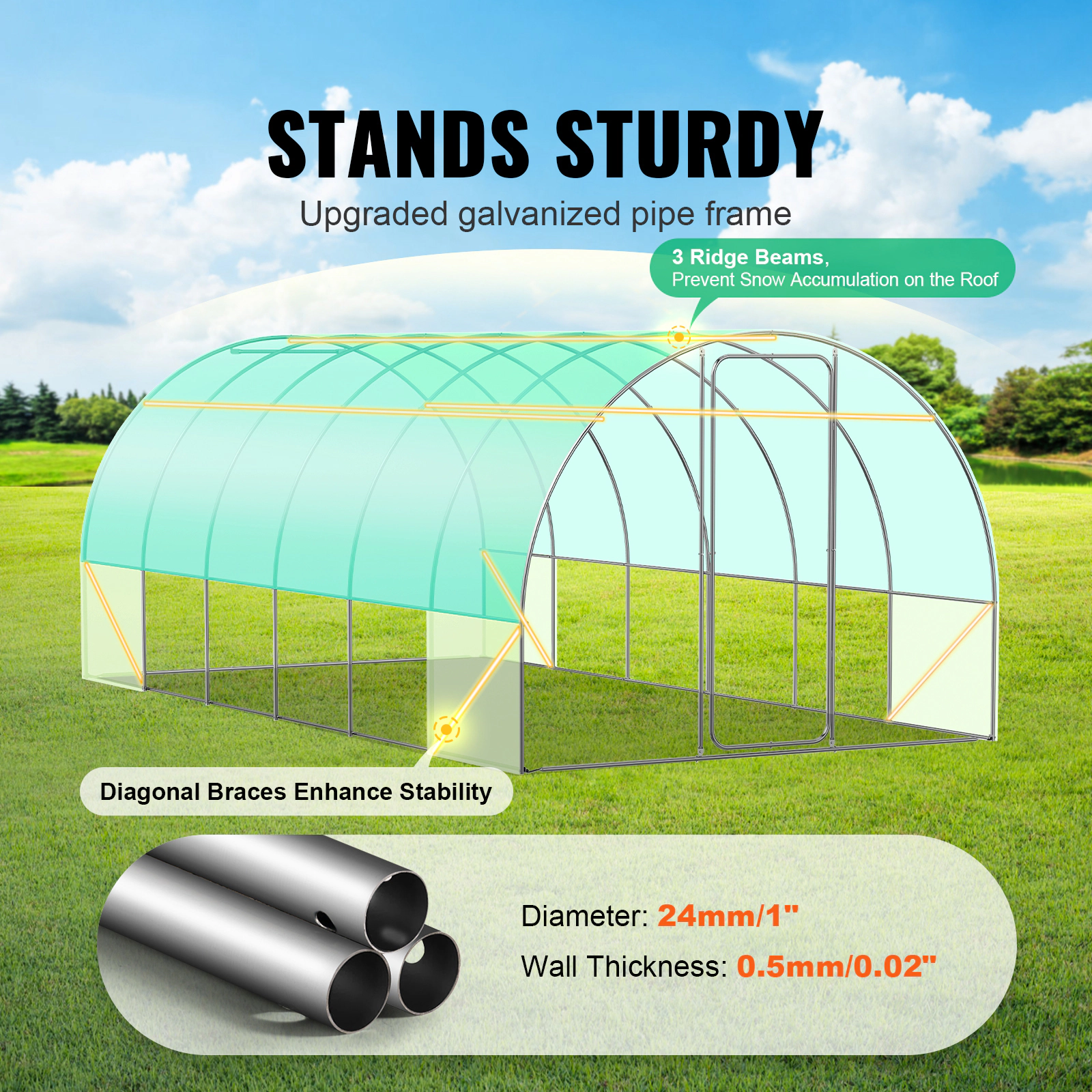HONGGE Walk-In Tunnel Greenhouse 19.4 x 9.7 x 7.4 ft, Galvanized Steel Frame, Green PE Cover
