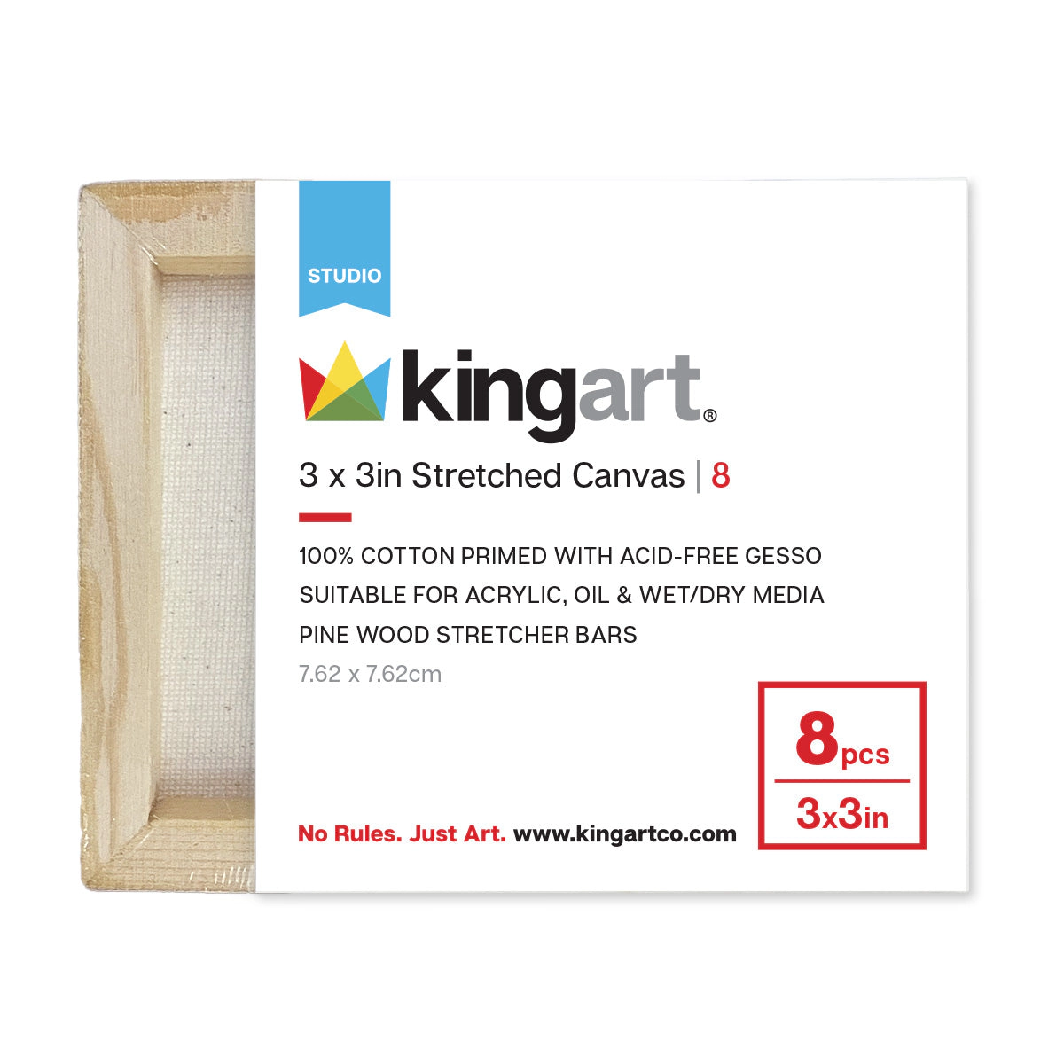 KINGART Stretched White Canvas 3" x 3" - 8 Pack - 100% Cotton, Pre-Primed