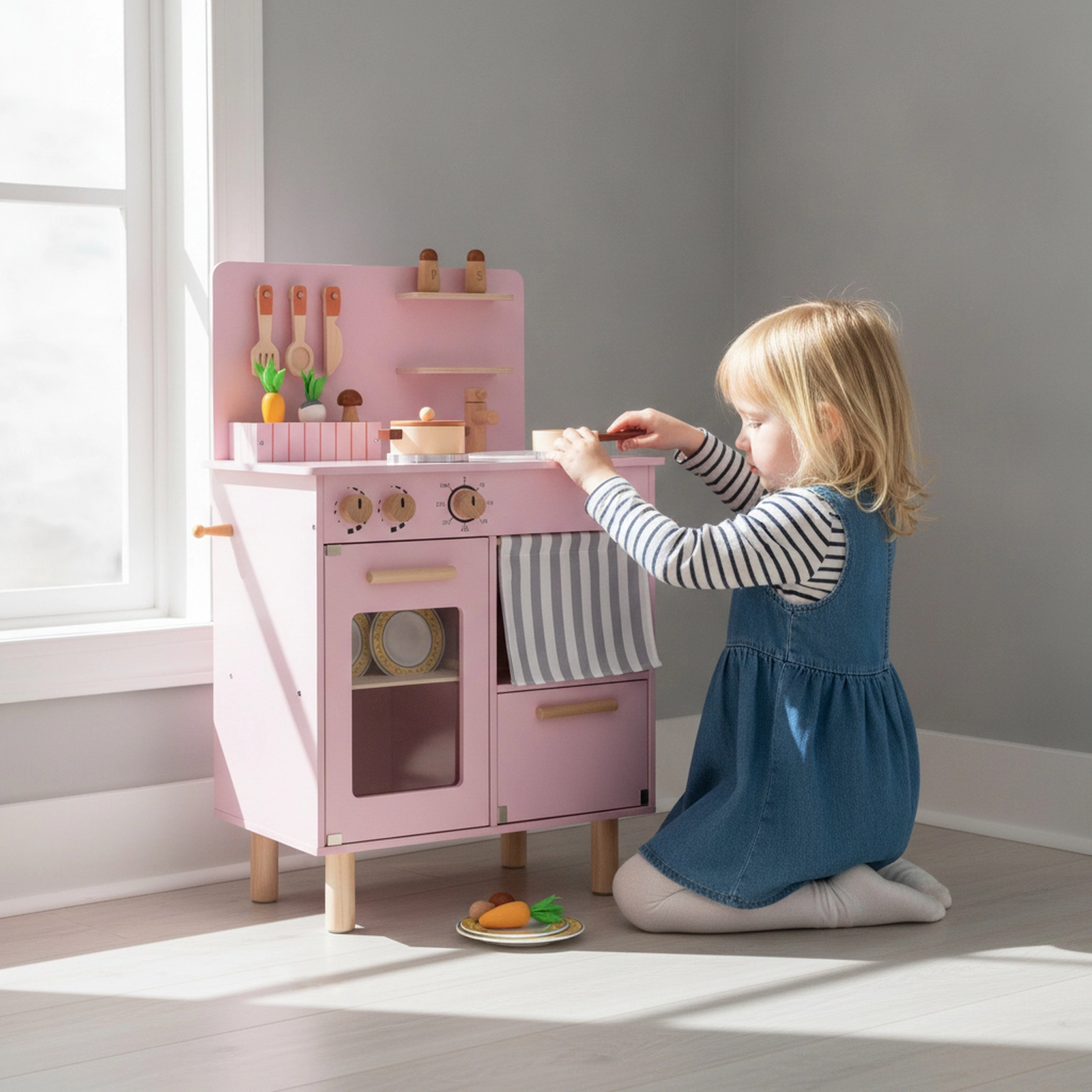 Wooden Play Kitchen for Toddlers with Clicking Stove Faucet Sink Dishwasher and Anti-Tip Design 20-in x 12-in x 32-in