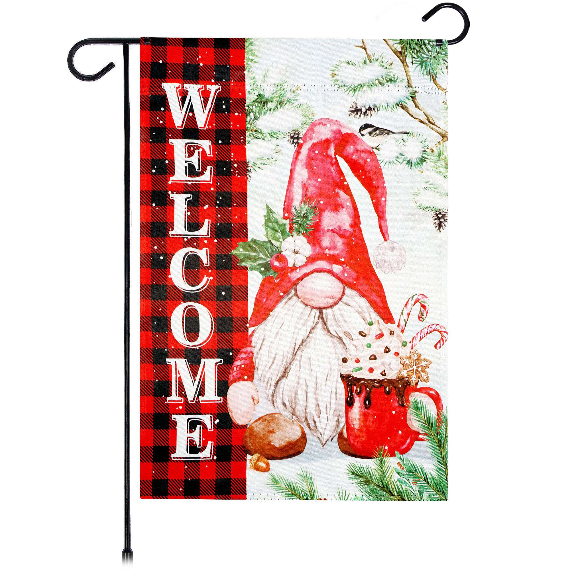 G128 Double-Sided Christmas Gnome Buffalo Plaid Garden Flag 12x18