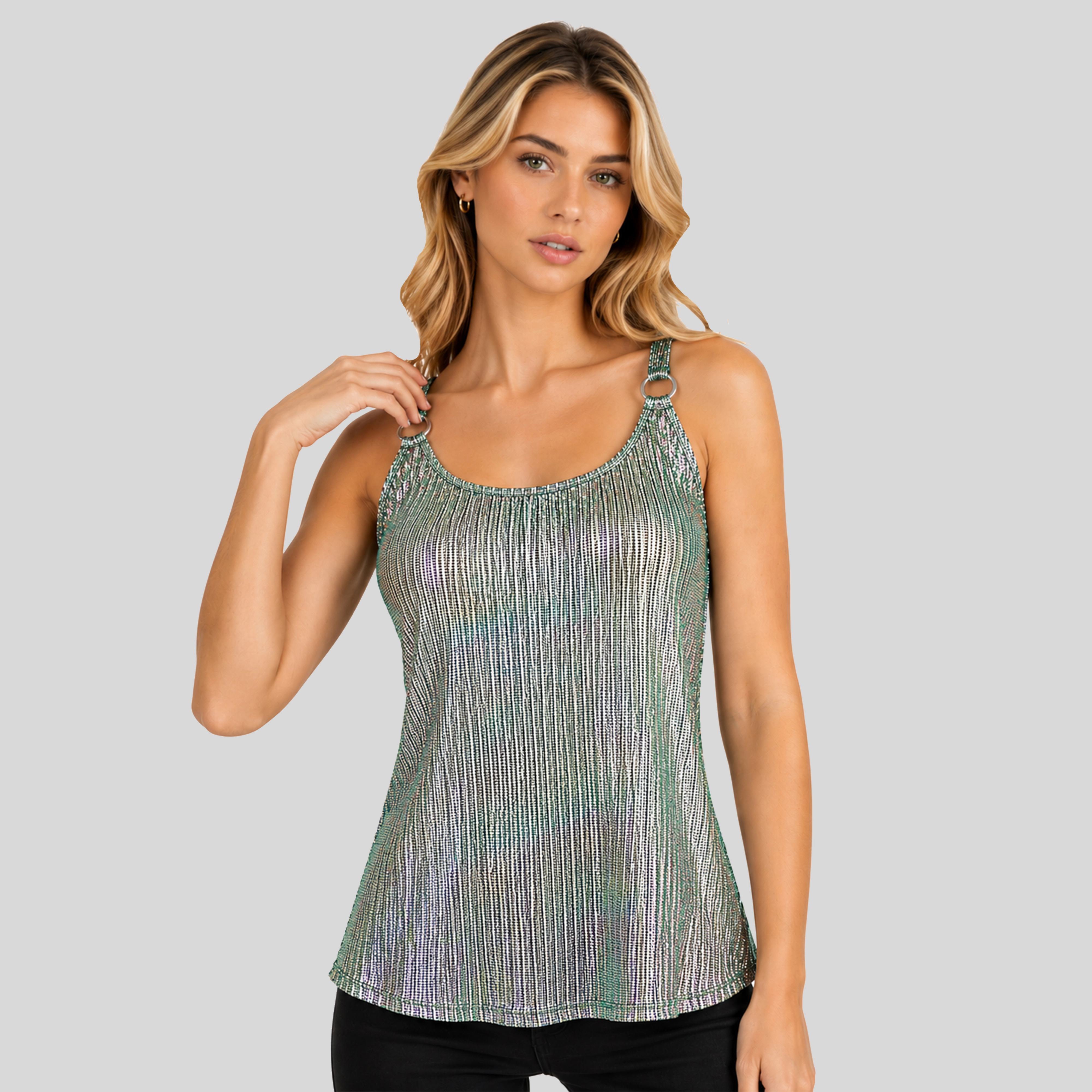 Artyska Women’s Shimmer Pleated Scoop Neck Camisole Party Top