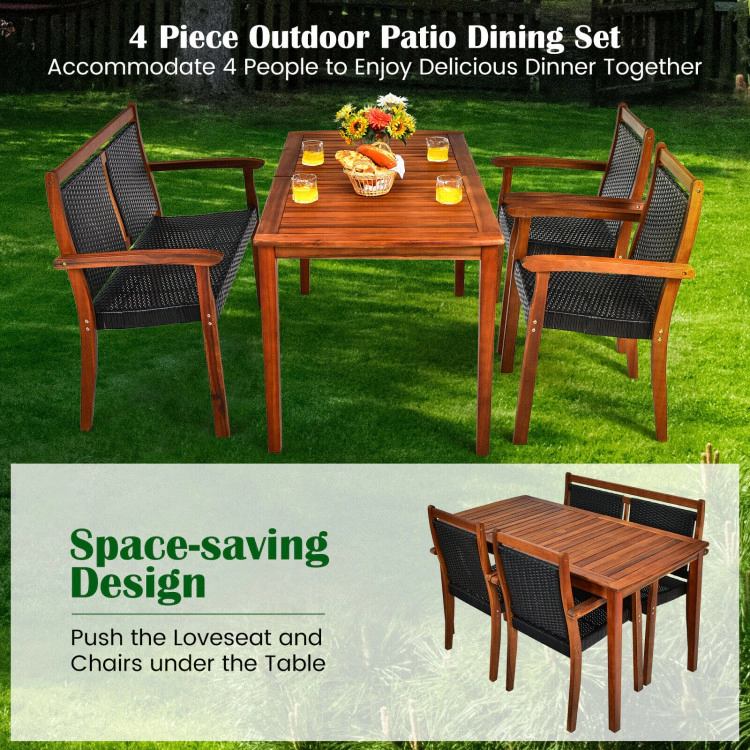 Hivvago 4 Pieces Acacia Wood Patio Rattan Dining Furniture Set