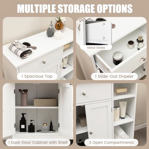 Glintex Wide Bathroom Cabinet with 250-Lb Capacity Drawer and 3 Open Bays, White