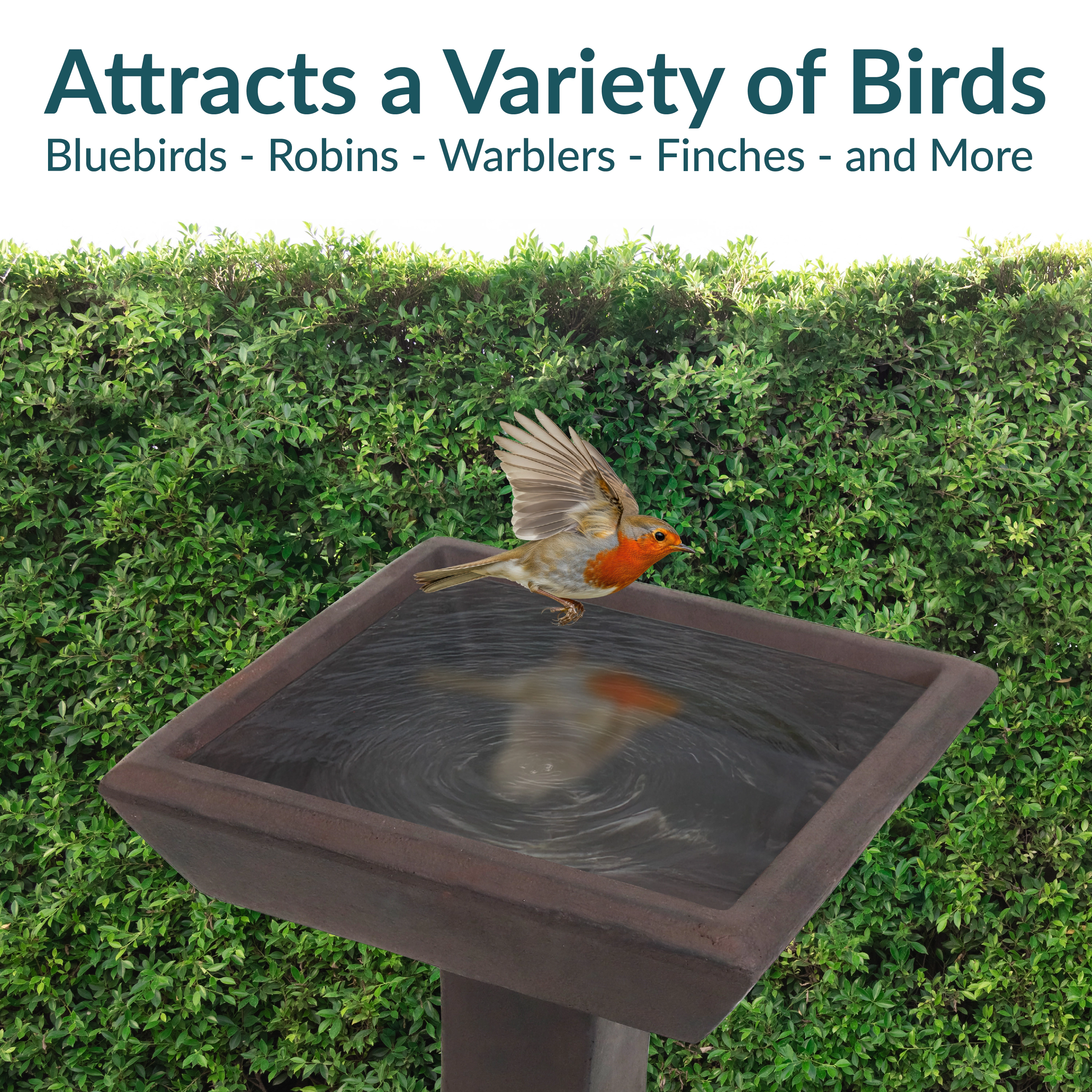 Sunnydaze Square Concrete Bird Bath for Outdoors, 23” H, Brown