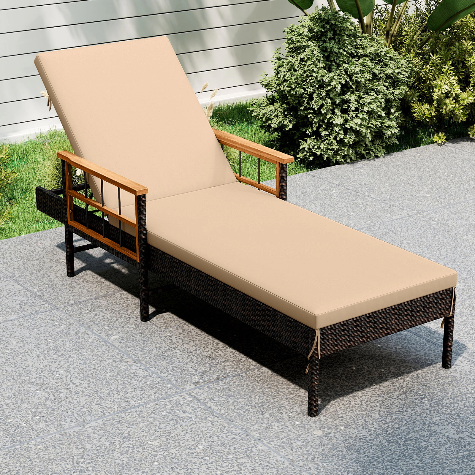 SUGIFT Beige 4-Level Backrest Mix Brown Wicker Cushions 400-lb Outdoor Reclining Lounger Chair