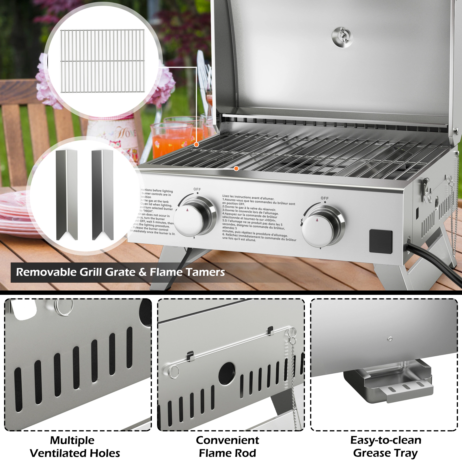 SUGIFT Dual 10,000 BTU Stainless Steel Propane Grill with Lid Portable Gas Grill Silver