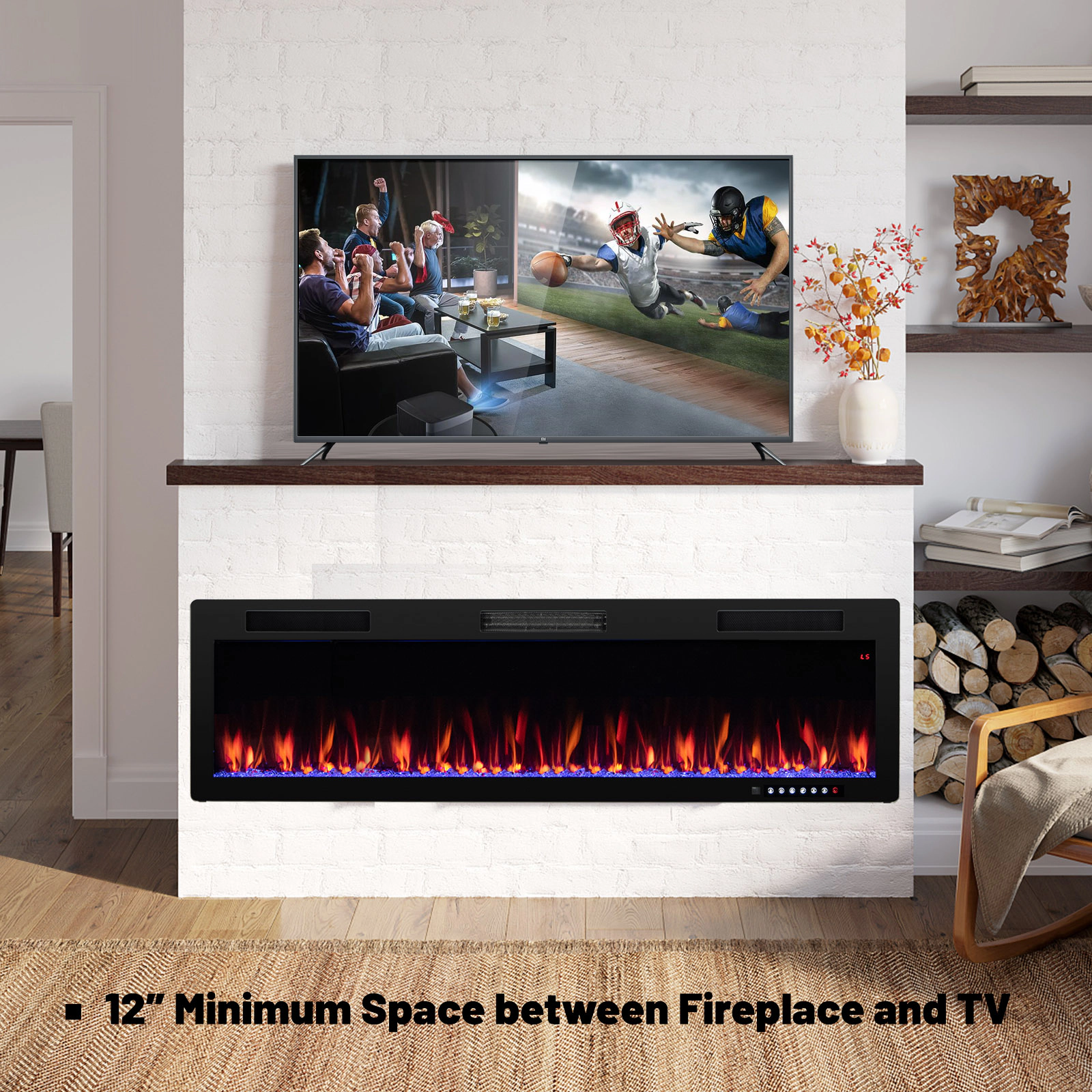 SUGIFT Recessed and Wall Mounted Electric Fireplace 60-in 750W/1500W 5100 BTU 400 Sq Ft Coverage