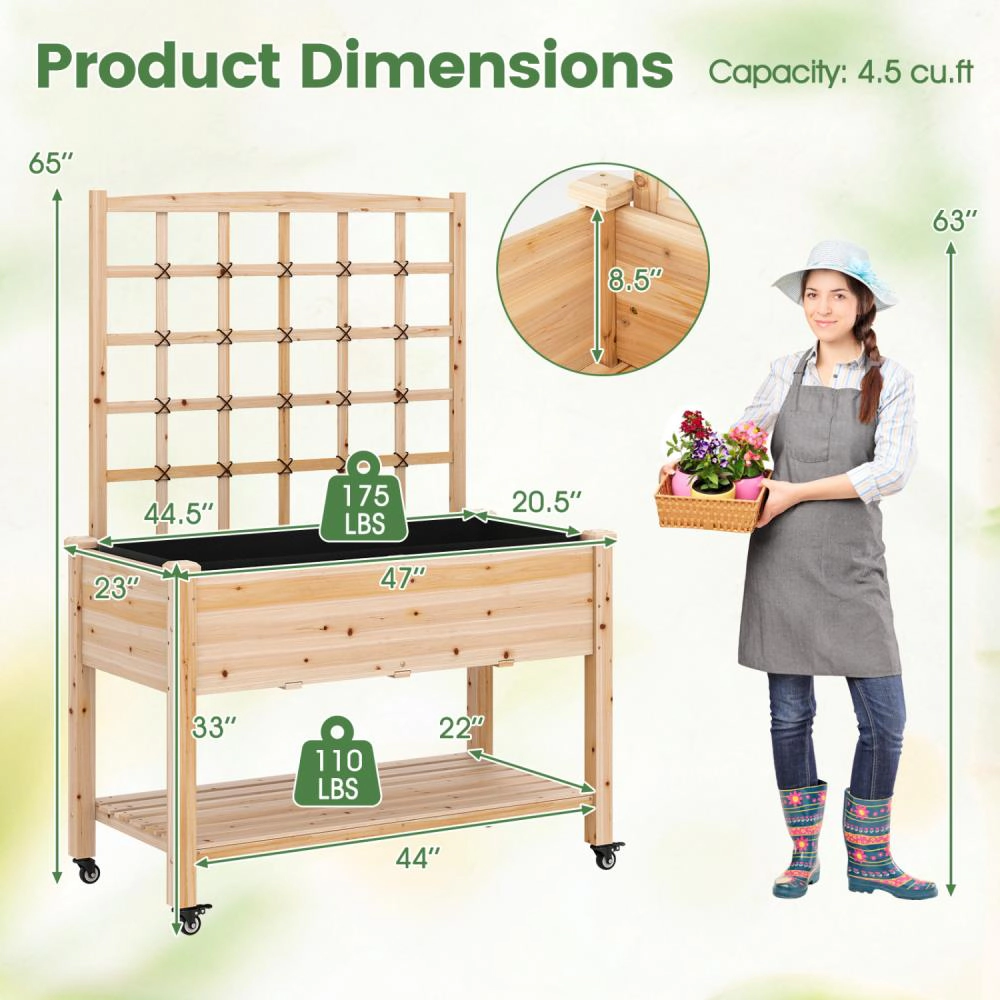 Hivvago Wooden Mobile Raised Garden Bed on Wheels with Trellis