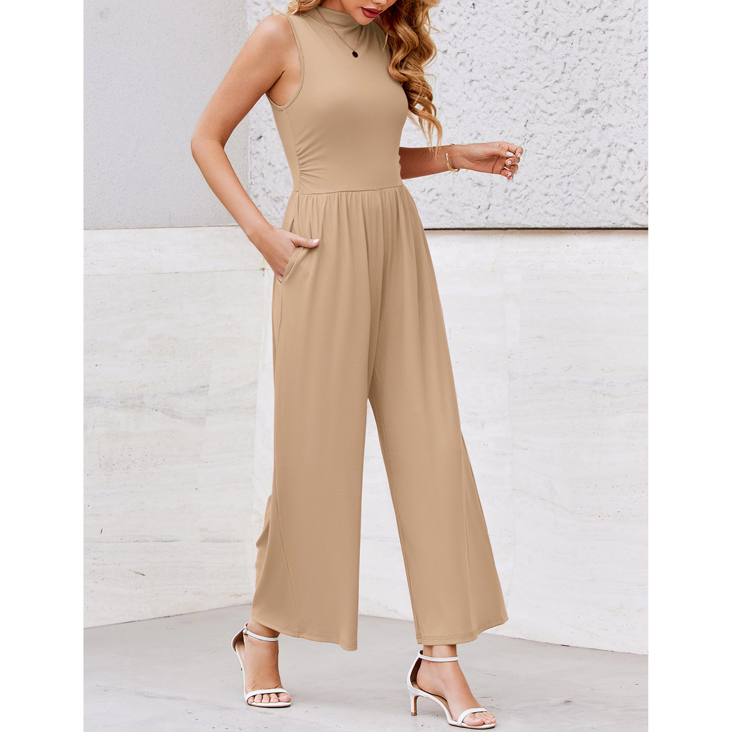 Ekouaer Women's Sleeveless Mock Neck Ribbed Wide Leg Jumpsuit