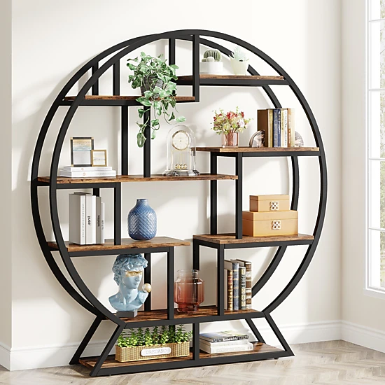Tribesigns Round Bookshelf, 63 Inch Etagere Bookcase with Staggered Shelves Plant Stand