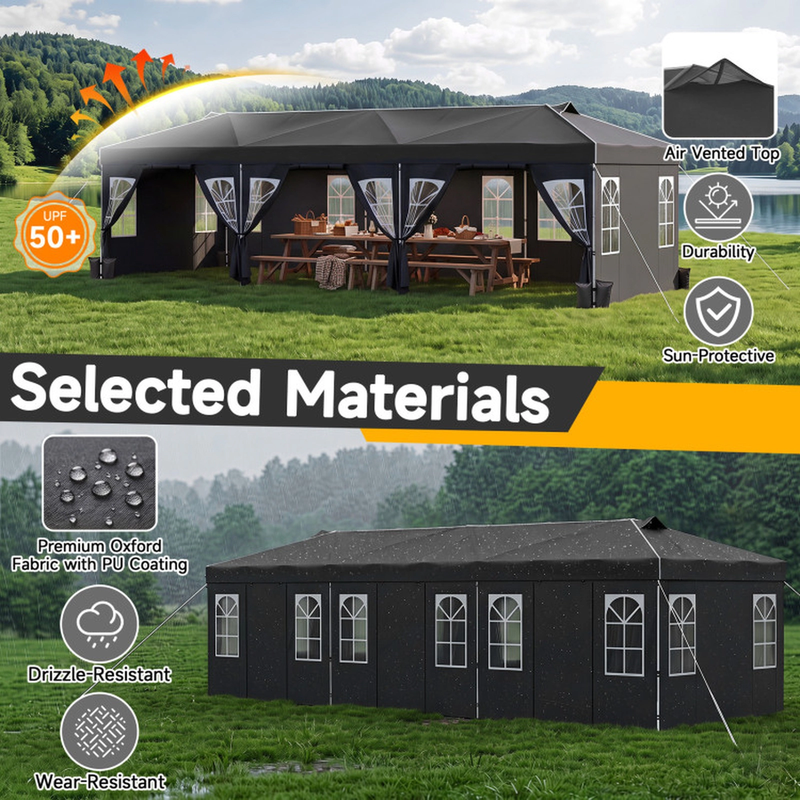 SUGIFT 10 x 30FT Pop Up Outdoor Canopy Gazebo Tent with 8 Sidewalls and Adjustable Height Black