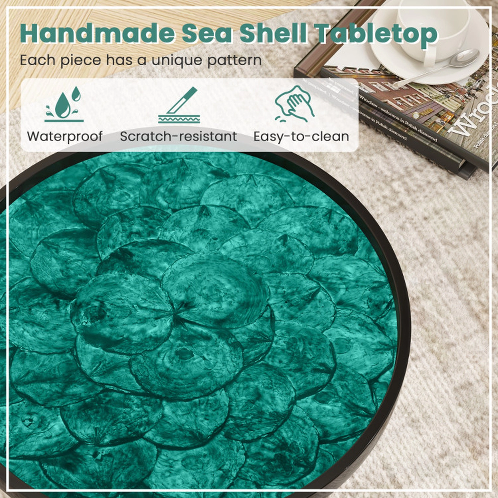 SUGIFT Handmade Sea Shell Tray-Top Mid-century Modern Coffee End Table 16-in Round 100-lb Capacity Green + Black