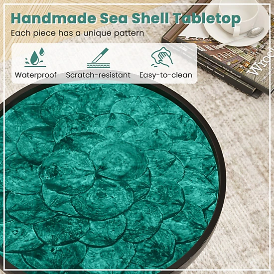 SUGIFT Handmade Sea Shell Tray-Top Mid-century Modern Coffee End Table 16-in Round 100-lb Capacity Green + Black