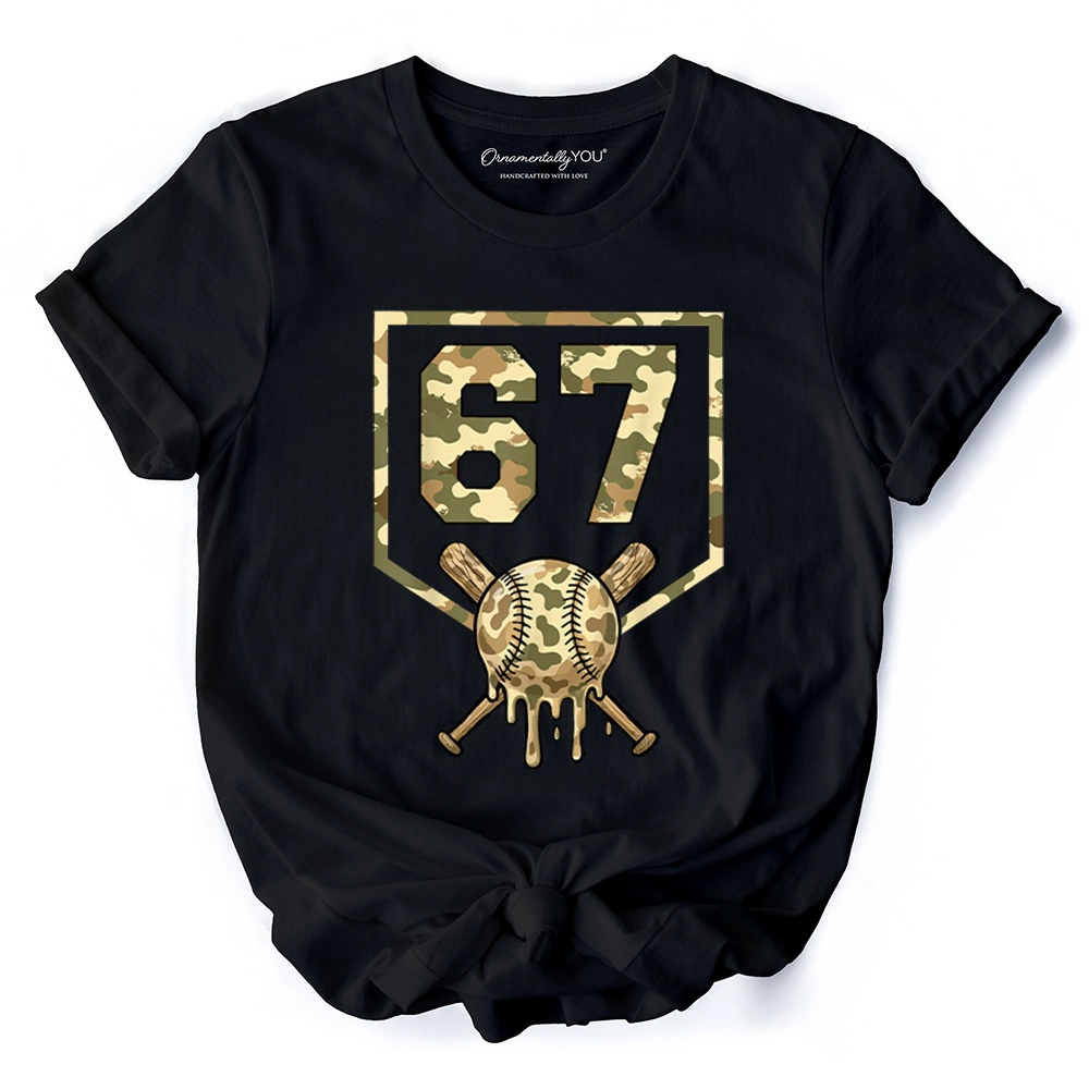 OrnamentallyYou Mens Six Seven" Cool Camo Baseball Drip T-Shirt