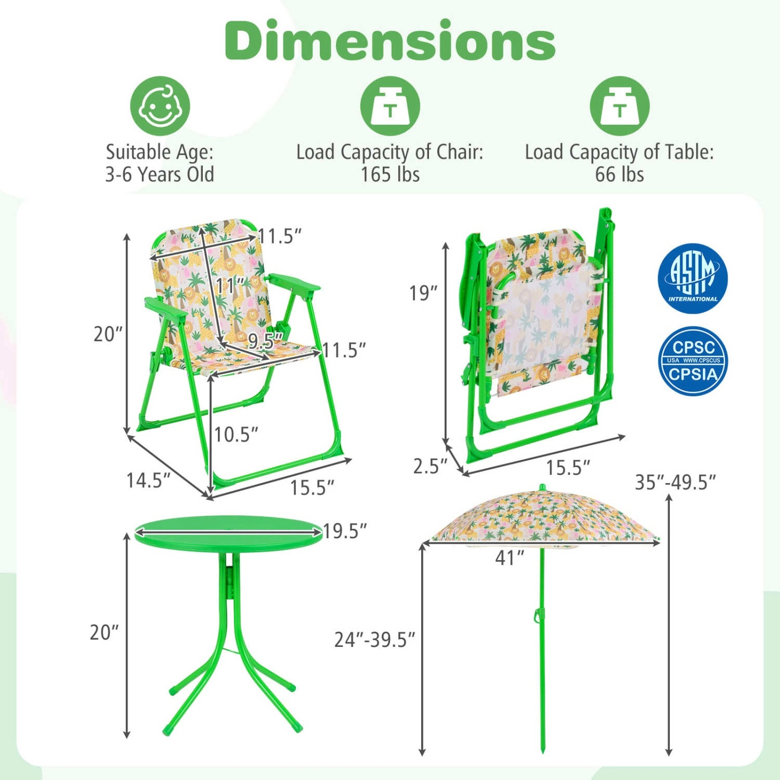 SUGIFT Kids Outdoor Table & Chair Set with 2 Folding Chairs & Height Adjustable Umbrella 165-lb Chair Capacity Ages 3-6