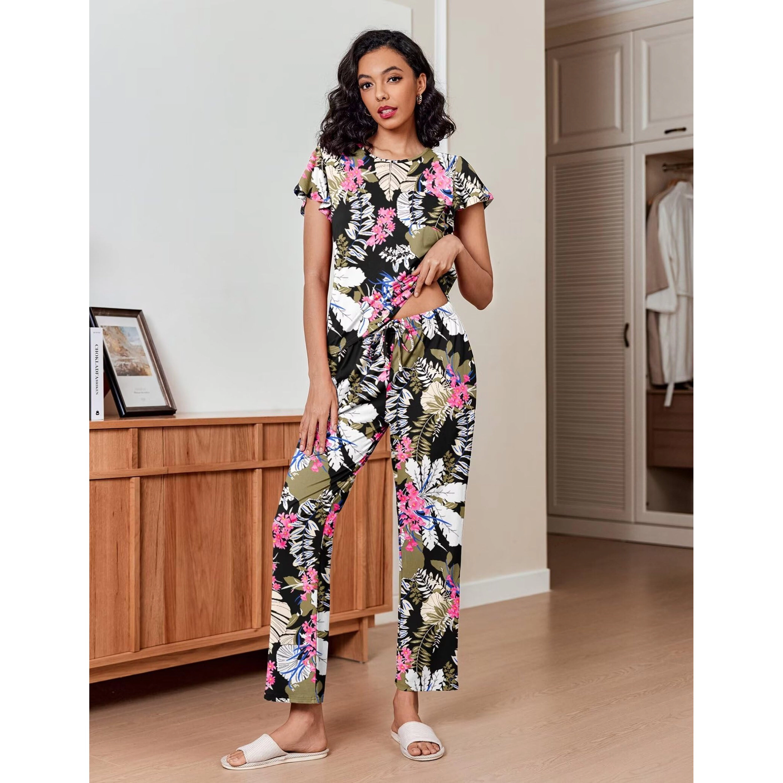 Ekouaer Women's Round Neck Short Sleeve 2 Pack Floral Pajamas Sets