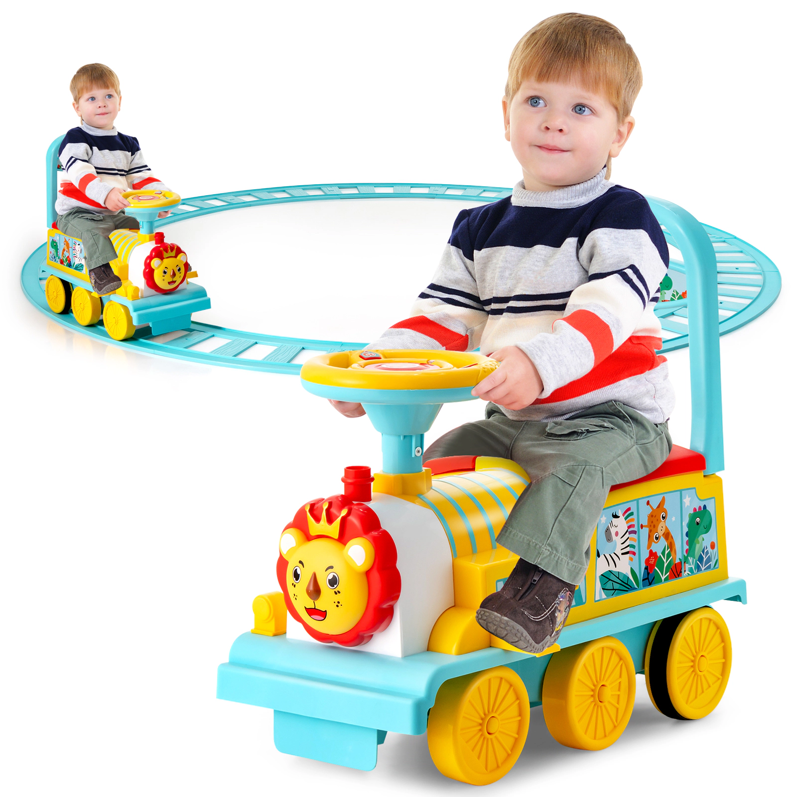Costway 6V Electric Kids Ride On Train Motorized Toy w/ Track & 6 Wheels Blue