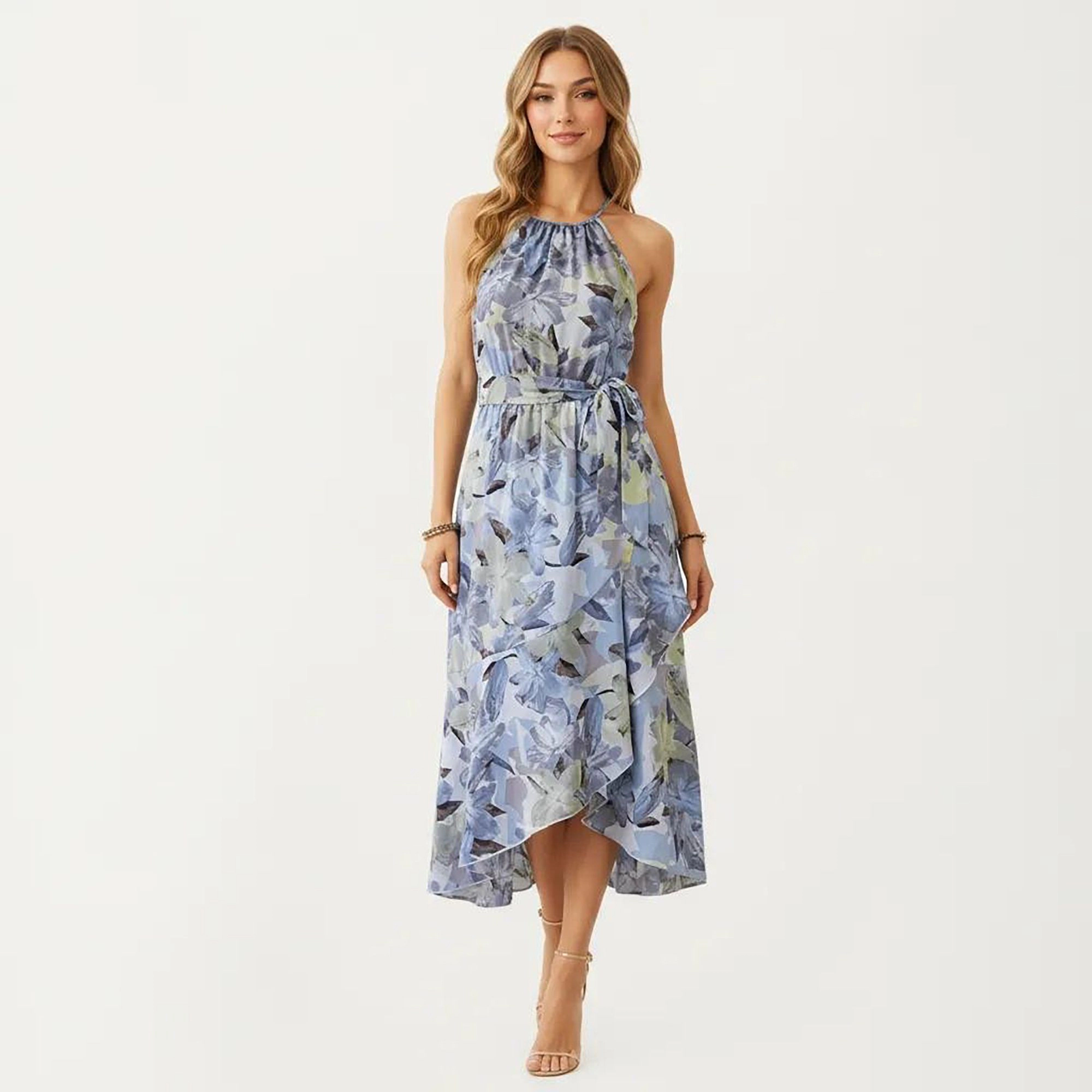 Anna-Kaci Women's Halter Neck Floral Print Asymmetrical Hem Midi Dress