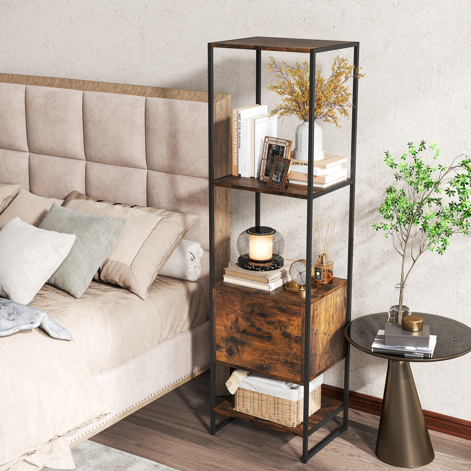 LJG 5-Tier Narrow Bookcase with 4 Open Shelves and Storage Drawer