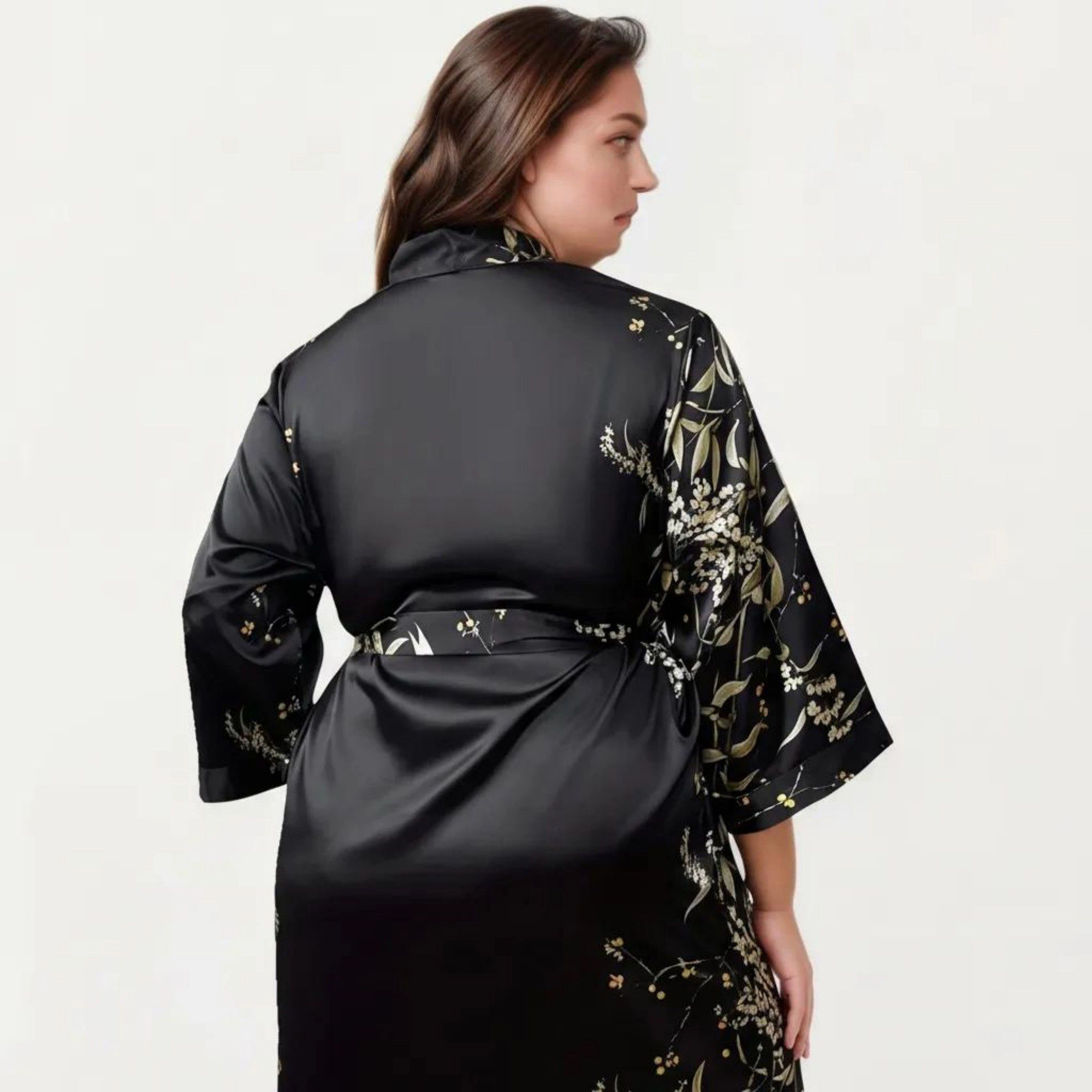 Anna-Kaci Women's Plus Satin Floral Kimono Robe with Self Tie Belt Longline Open Front Lightweight Sleepwear
