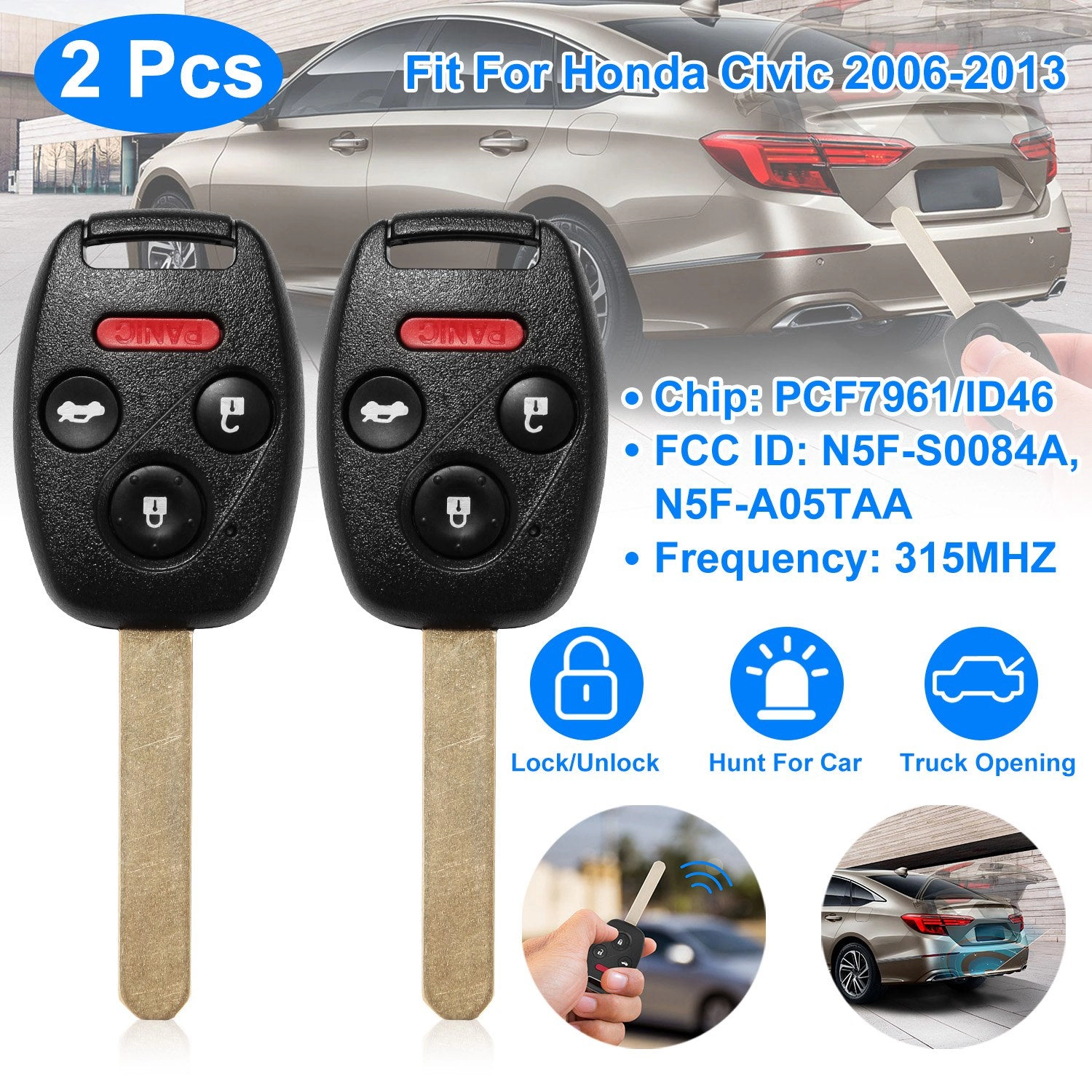 GBruno 2-Piece Remote Key Fob For Honda Civic 2006-2013