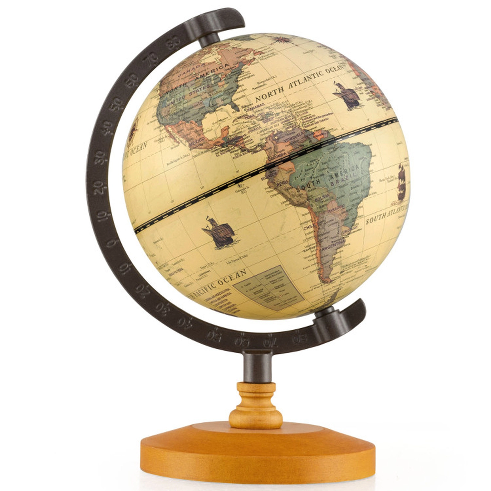 SUGIFT Antique Mini Rotating World Globe Interactive Desktop Toy 5.5-in Diameter Bronze with Wooden Base