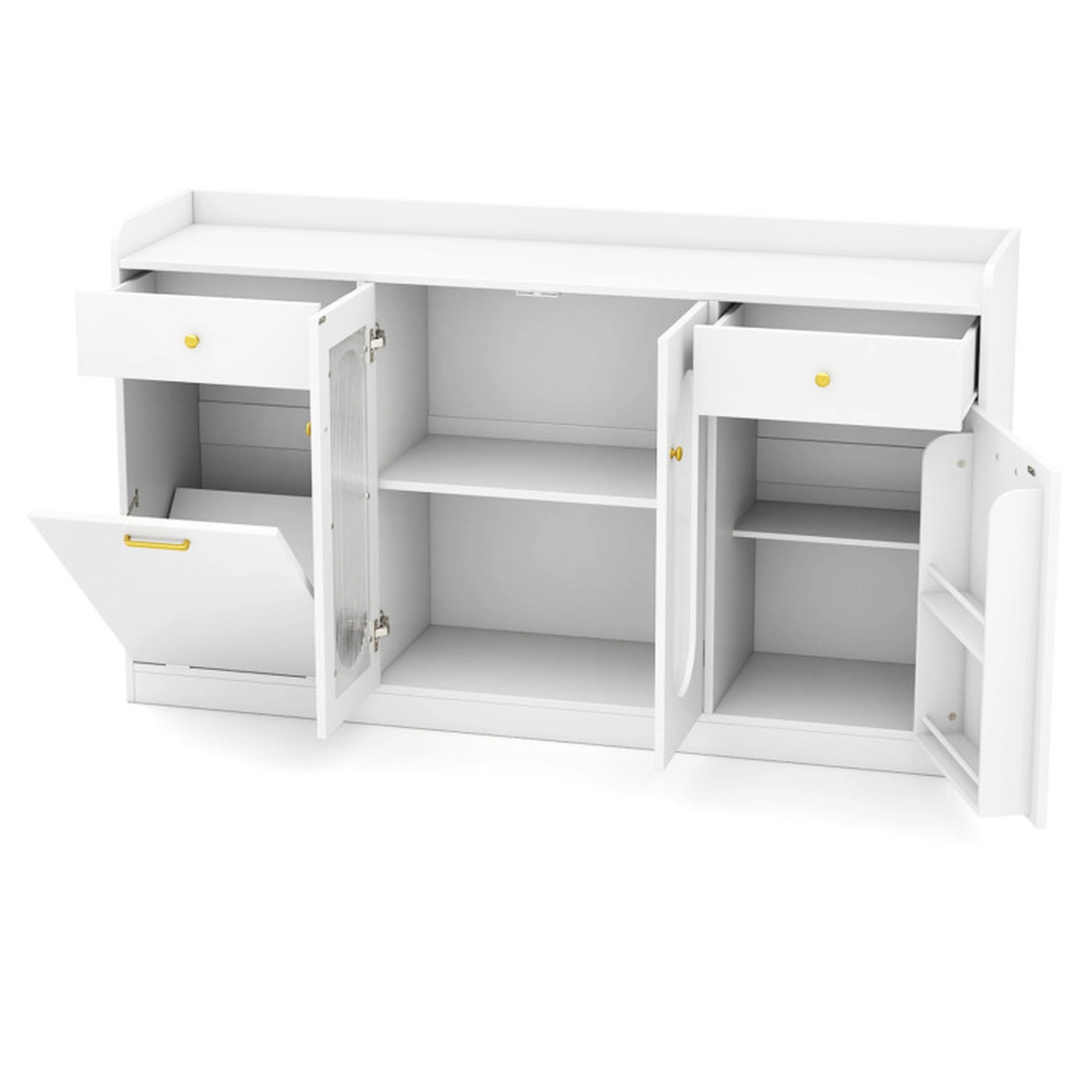 SUGIFT 55-in Hidden Trash Bin Cabinet 2 Fluted Glass Doors 2 Drawers Buffet Sideboard 13.5-in D 110-lb Capacity White