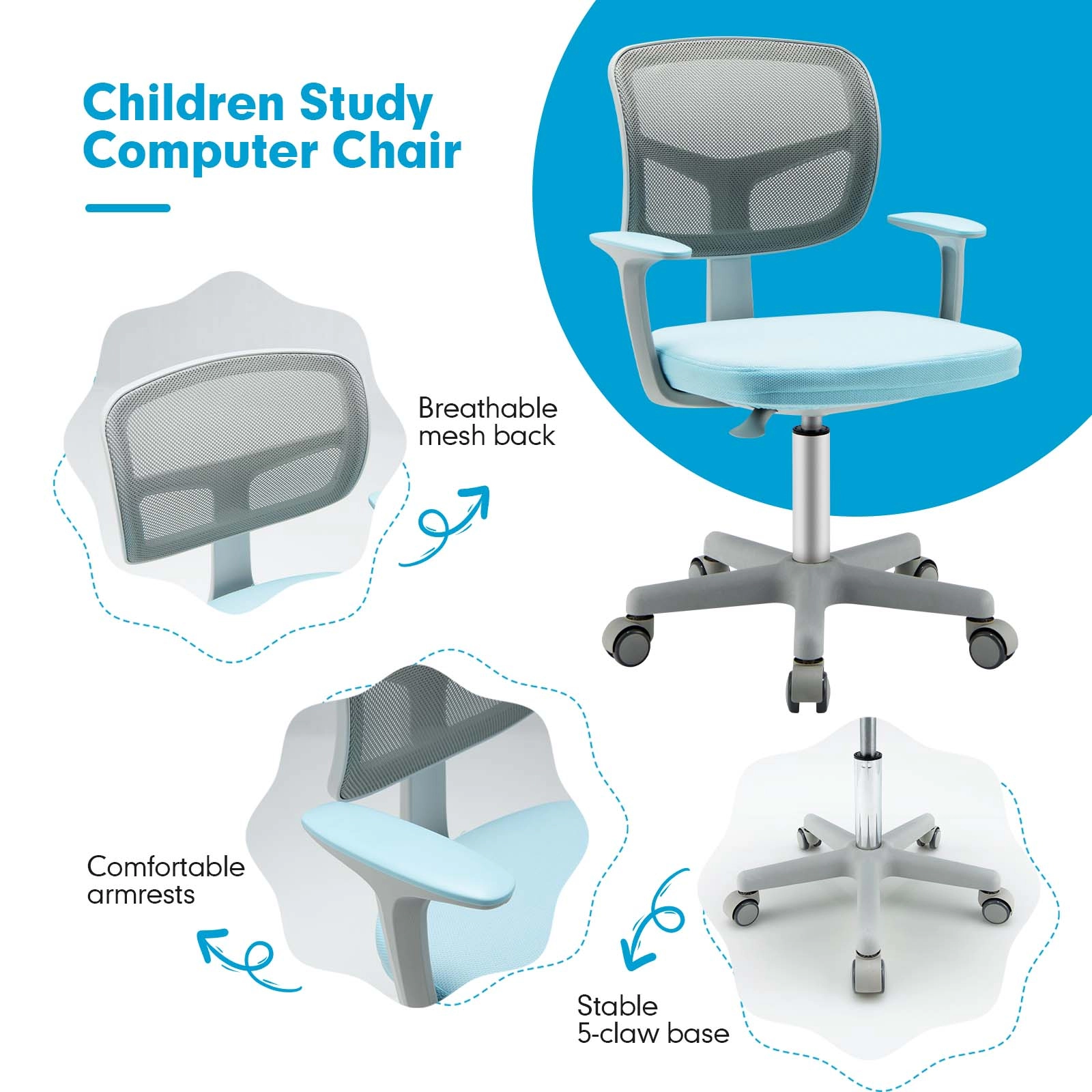 SUGIFT Kids Mesh Desk Chair with Auto Brake Casters and Detachable Cushion Blue