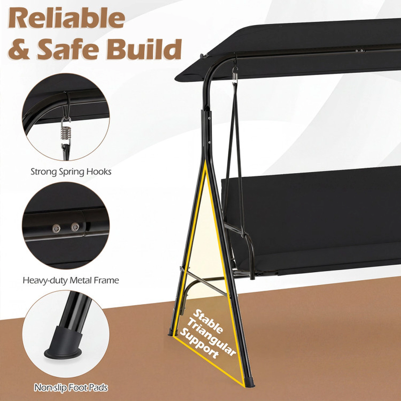 SUGIFT Adjustable Canopy and Removable Cushion 3-Seat Patio Swing Chair