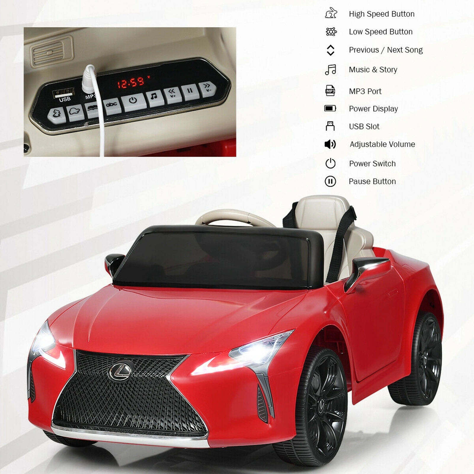 12V Kids Ride On Sports Car Parent Remote Openable Doors LED Lights Battery Powered Electric Car Seat Belt Ages 3+ Red