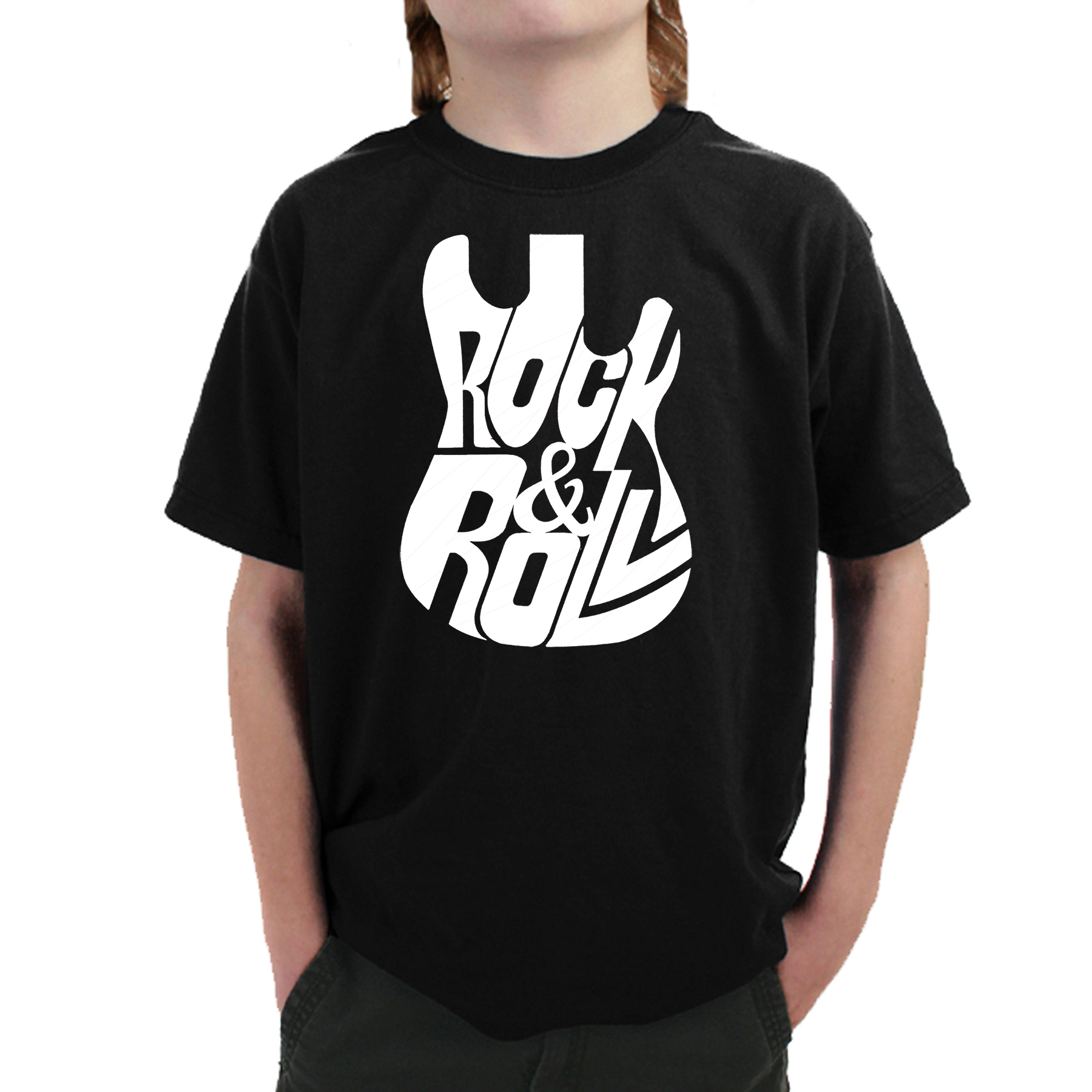 LA Pop Art Boy's Word T-Shirt - Rock And Roll Guitar