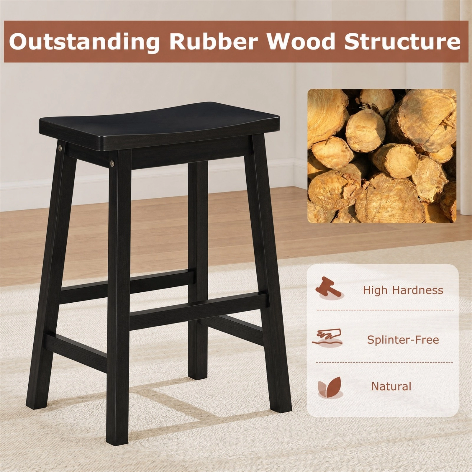 SUGIFT Set of 2 Black 24-in Backless Counter Height Stools with Wood Saddle Seats