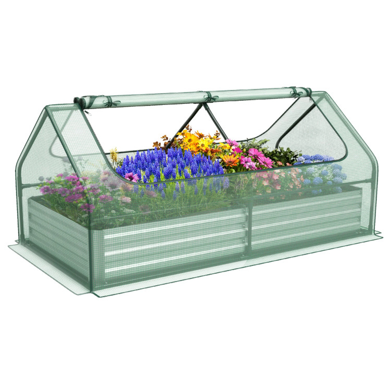 SUGIFT 6-ft x 3-ft Green Galvanized Raised Garden Bed with PVC Greenhouse Cover and 2 Roll-Up Windows