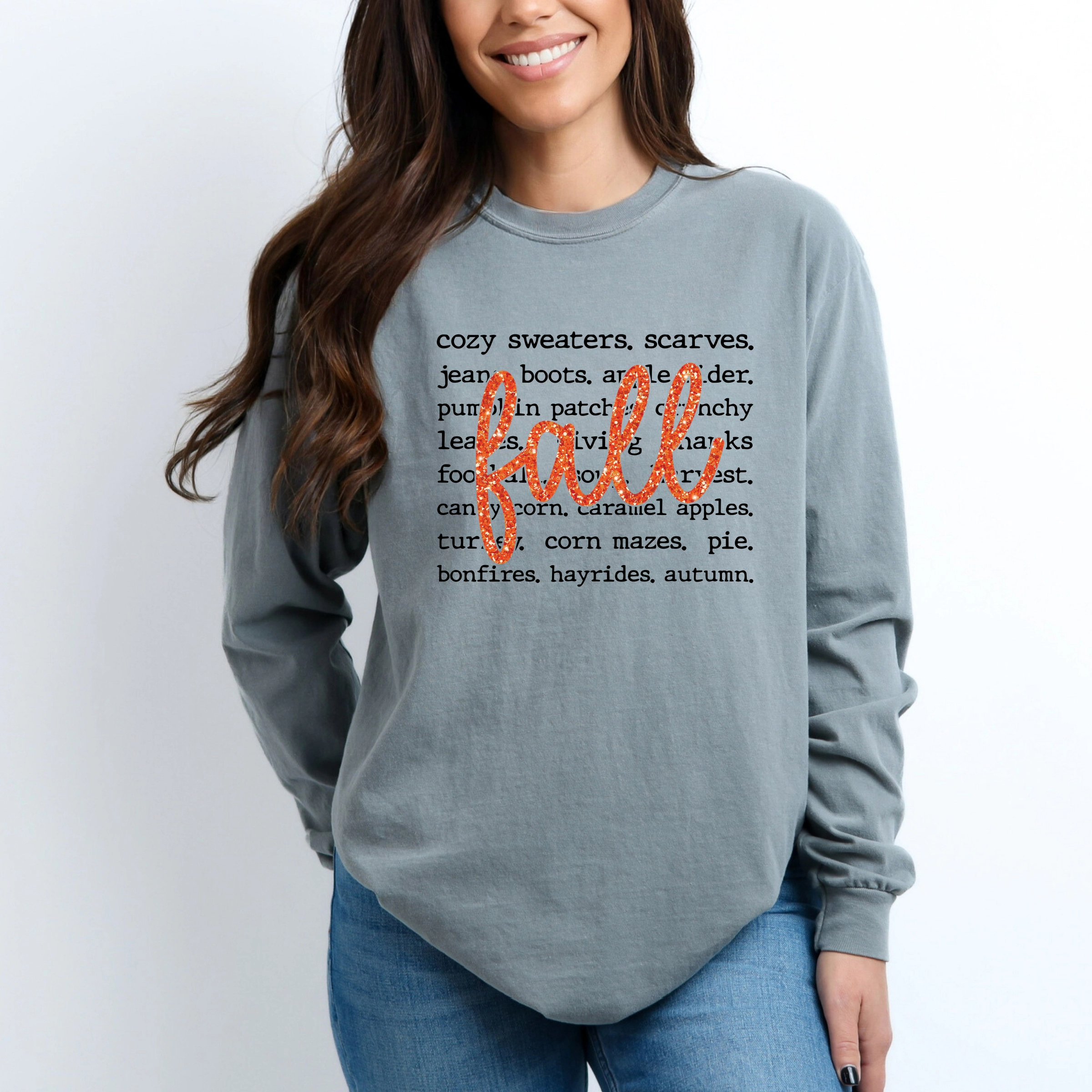 Simply Sage Market - Women's Garment Dyed Long Sleeve Graphic T-Shirt Fall Cursive Text Glitter